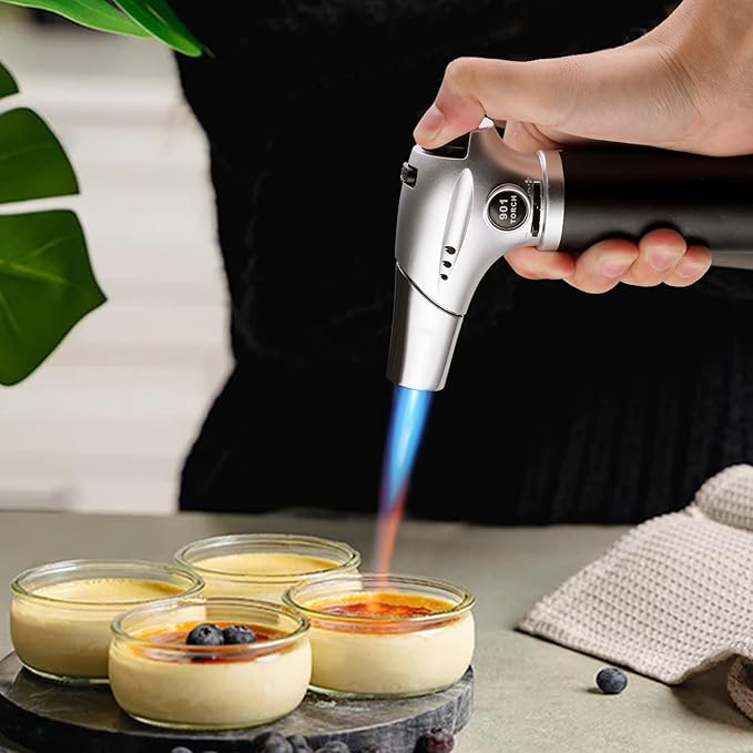 mollie Mini Butane Torch Lighter with Adjustable Flame, Small Refillable Kitchen Cooking Blow Torch for Creme Brulee, Windproof Baking Torch with Safety Lock, Silver (Butane Gas Not Included)