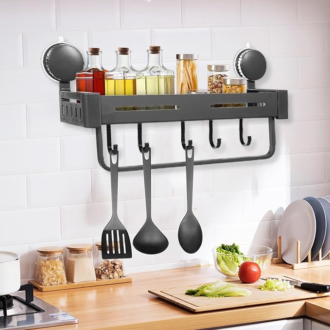 GLEAVI Suction Cup Kitchen Shelf Rack Gray Wall-mount Spice Rack Organizer with Hooks for Pantry Storage and Kitchen Sink Organization