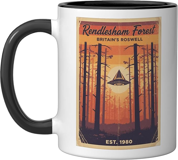 Rendlesham Forest UFO Alien Vintage UK Flying Saucer Ceramic Mug, Black/White