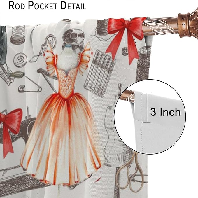 Sewing Machine Blackout Curtain,Vintage Retro Dress Bowknot Pattern Girls Women Window Curtains Dining Room Living Room Kitchen Cafe Bedroom Office Drapes,42x63 in