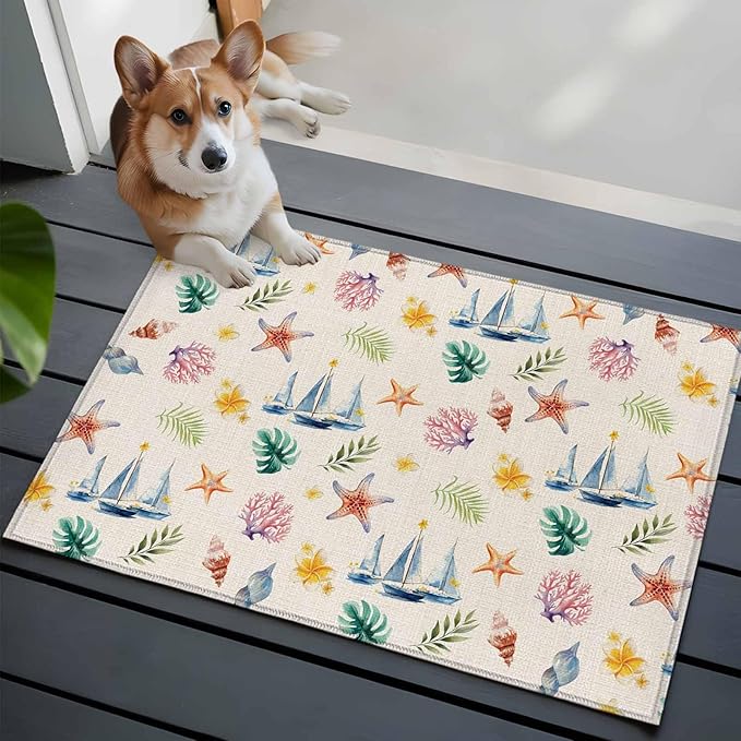 Area Rug 2x3ft, Summer Sea Starfish Sailboat Washable Rugs for Living Room Bedroom, Marine Life Coral on Linen Soft Non-Slip Area Rugs Rectangle Floor Carpet for Dining Room
