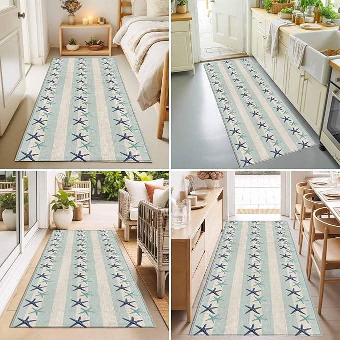 Runner Rug for Bedroom Hallway, Summer Ocean Blue Teal Starfish Kitchen Runner Rugs Area Rug 2x6ft, Sea Star on Farmhouse Linen Washable Soft Floor Carpet for Entryway Stair