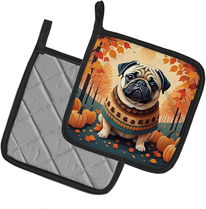 Caroline's Treasures DAC1065PTHD Fawn Pug Fall Pair of Pot Holders Kitchen Heat Resistant Pot Holders Sets Oven Hot Pads for Cooking Baking BBQ, 7 1/2 x 7 1/2