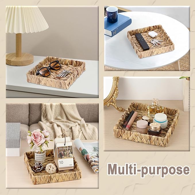 Natural Water Hyacinth Tray Handwoven Wicker Basket Tray for Decoration Square Serving Tray for Coffee Table Living Room Kitchen, 8.5" x 8.5" x 1.6"