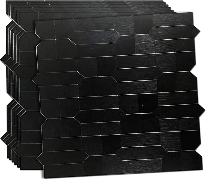 XUANINY 7-Sheet Peel and Stick Metal Backsplash Tiles, Self Adhesive Multiple-Shapes Aluminum Mosaic 3D Wall Sticker for Kitchen Bathroom Decor (7, Brushed Black)