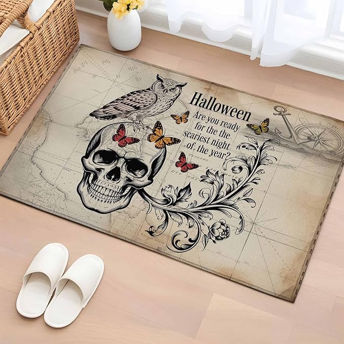Area Rug 2x3ft, Halloween Skull Owls on Vintage Washable Rugs for Living Room Bedroom, Retro Butterflies Flower Soft Non-Slip Area Rugs Rectangle Floor Carpet for Dining Room
