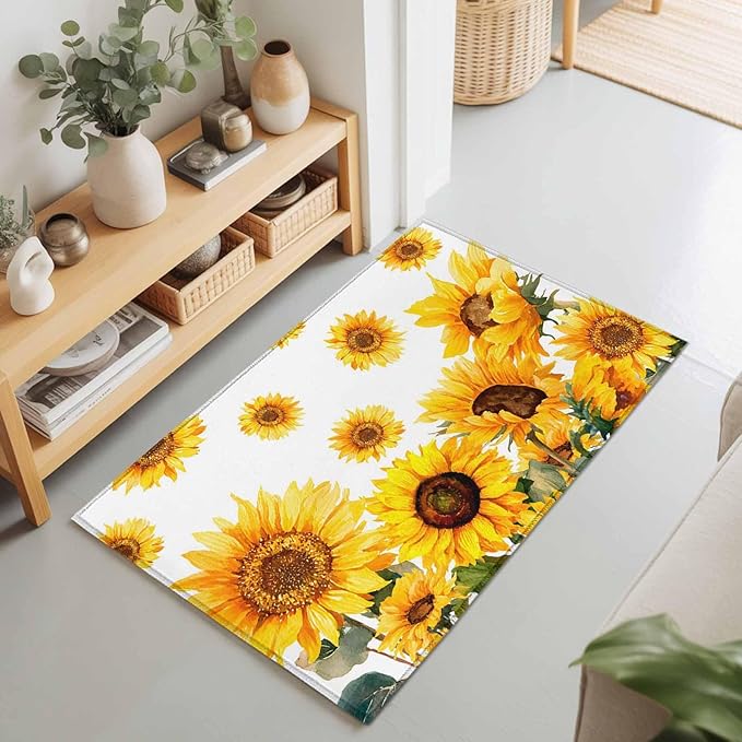 Area Rug 2x3ft, Summer Pastoral Sunflower Washable Rugs for Living Room Bedroom, Farmhouse Yellow Flower Soft Non-Slip Area Rugs Rectangle Floor Carpet for Dining Room