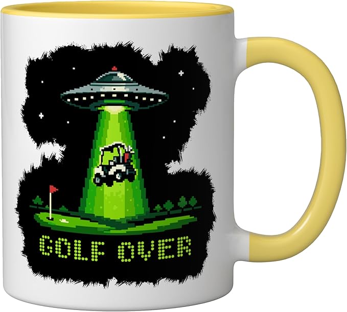GOLF OVER Retro Funny Pixel Art UFO Abducting Golf-Cart Ceramic Mug, Yellow/White
