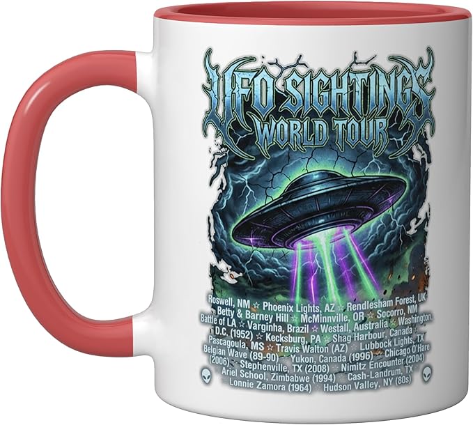 Vintage UFO Sightings World-Tour Cool-Looking Heavy-Metal Ceramic Mug, Red/White