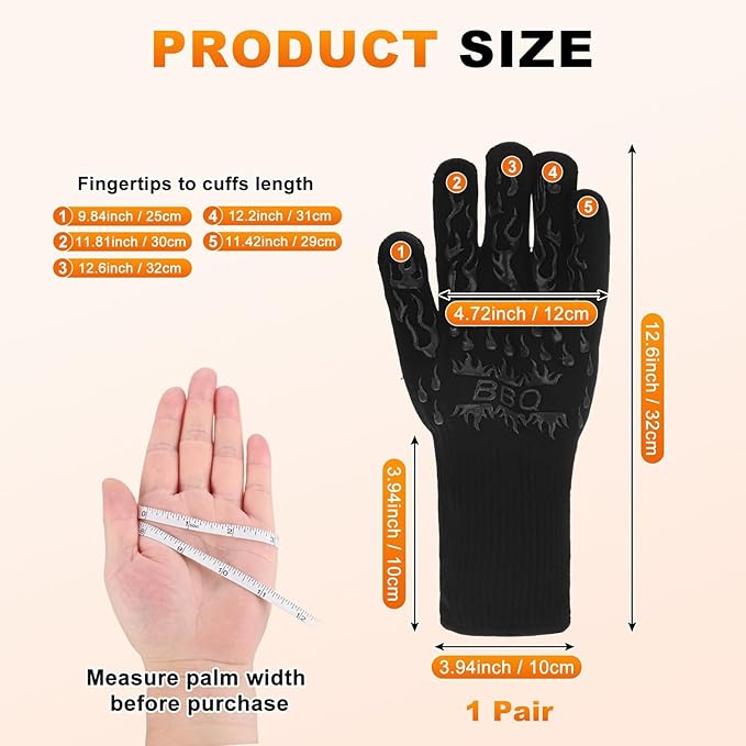 M METERXITY 1-Pair BBQ Gloves, 1472°F Heat Resistant Non-Slip Grilling Oven Gloves for Barbecue/Baking/Cooking [L Size, Black]