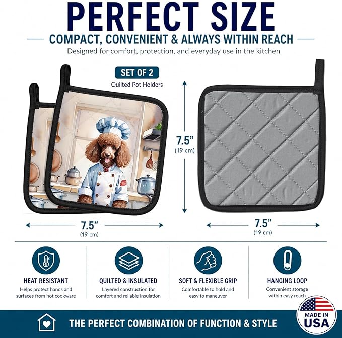 Caroline's Treasures Chocolate Poodle The Chef Pair of Pot Holders Kitchen Heat Resistant Pot Holders Sets Oven Hot Pads for Cooking Baking BBQ, 7 1/2 x 7 1/2