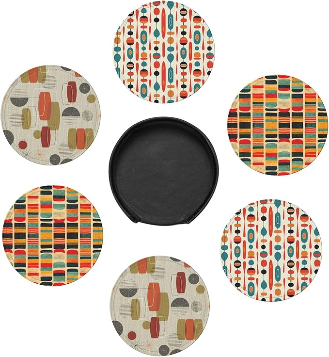 Mid Century Modern Style Leather Drinks Coasters with Holder, Set of 6, Suitable for Various Cups