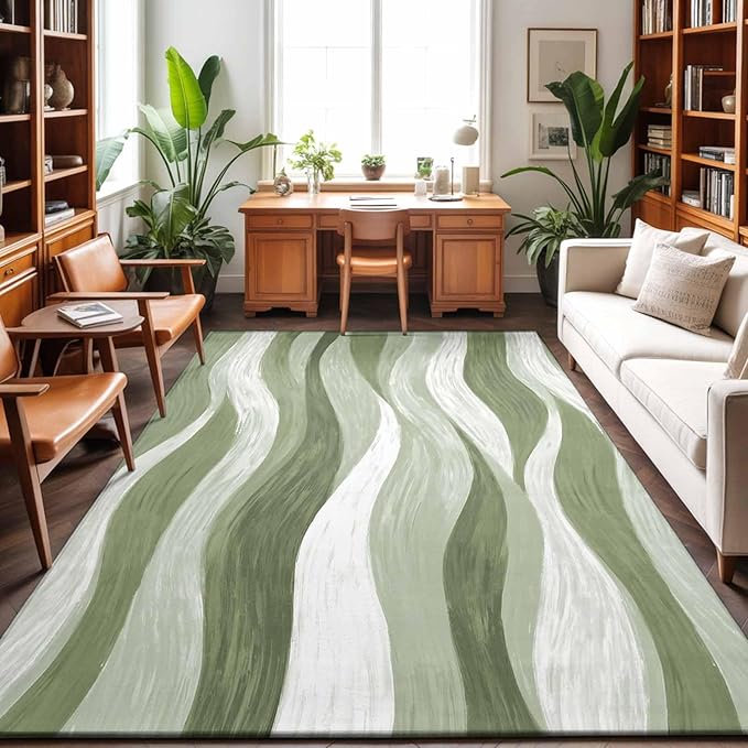 Area Rug 9x12ft, Modern Sage Green Gradient Stripe Washable Rugs for Living Room Bedroom Rectangle Floor Carpet, Abstract Ocean Wave Soft Non-Slip Area Rugs for Dining Room