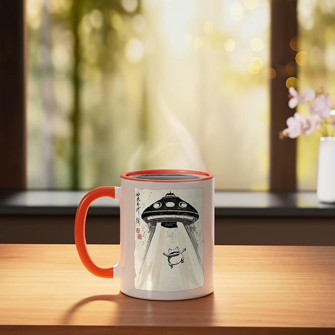 Ukiyo-e Style UFO Abducting Cute Frog Ink Art Painting Ceramic Mug, Orange/White