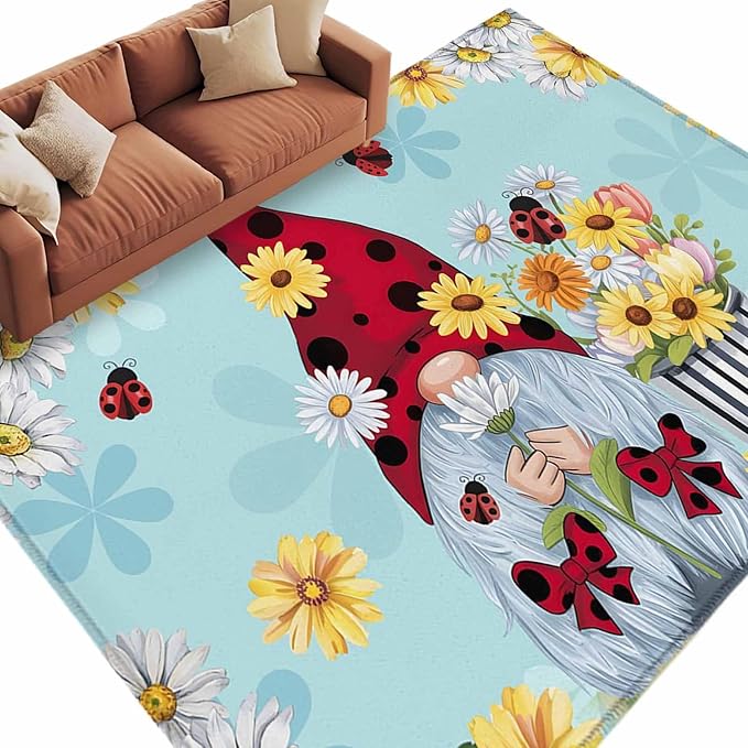 Area Rug 6x9ft, Summer Ladybug Gnome Daisy Flower Washable Rugs for Living Room Bedroom, Watercolor Bloom Floral on Blue Soft Non-Slip Area Rugs Rectangle Floor Carpet for Dining Room