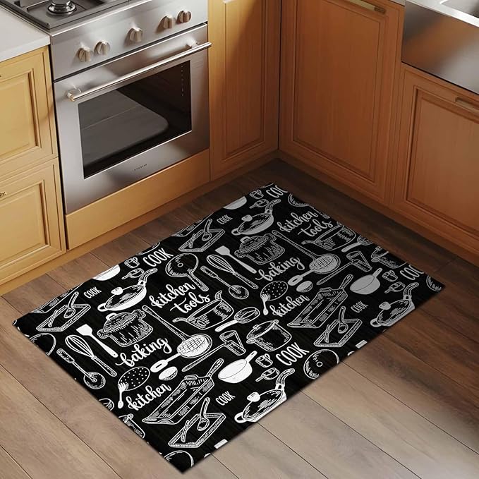 Black Kitchen Tools 2x3 Door Mat Rug, Modern Cooking Utensil Non-Skid Rubber Backing Large Rectangle Rugs - Living Room Bedroom Home Office, Farmhouse Cookware Indoor Floor Mat Carpets Washable Rug