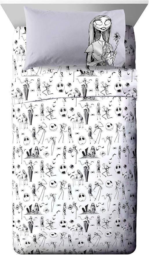 Jay Franco Kids Sheet Set with Fitted, Flat Sheets & Pillow Cover - Ultra-Soft Bedding with Pillowcase for Room Decor, White - Nightmare Before Christmas, 4 Piece Full