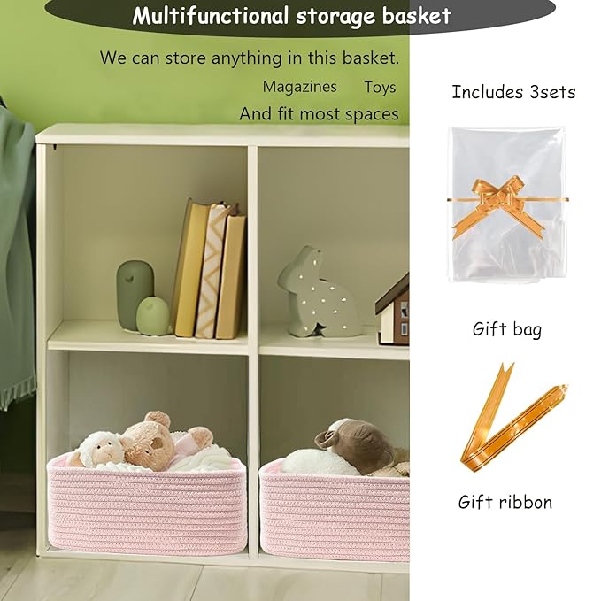 COMFY-HOMI 13" x 8.5" x 5.1" Storage Baskets for Organizing | Cotton Rope Woven Basket | Toy Storage Bin Box | Basket for Shelves, Closet Organizer Bin, Decorative Closet Shelf, 1 Pack, All pink