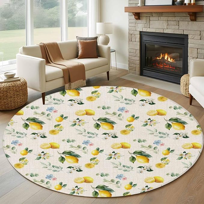 Washable Round Area Rug Country Lemon Flower Leaf Circle Rugs Floor Carpet for Living Room Bedroom, Pastoral Fruit Plant Vintage Linen Soft Non Slip Round Rug 5ft