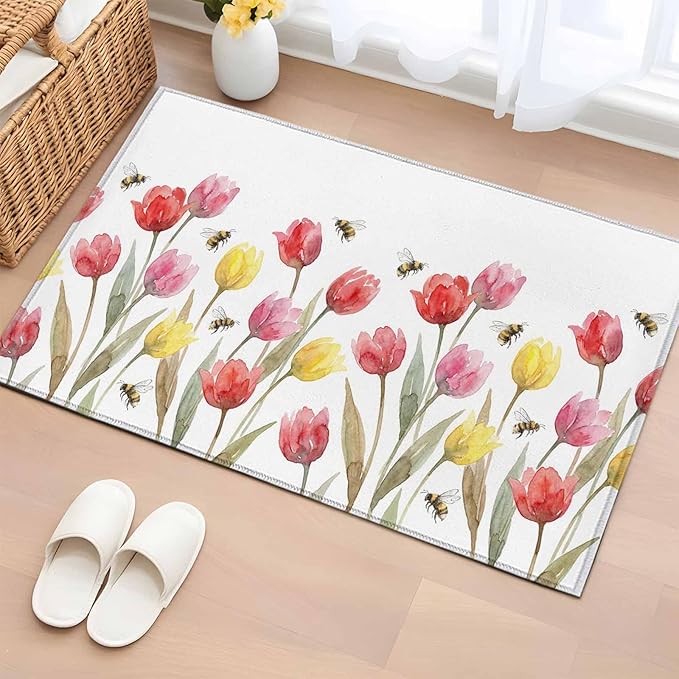 Area Rug 2x3ft, Red Pink Yellow Tulips Bees Washable Rugs for Living Room Bedroom, Watercolor Flower Leaves Soft Non-Slip Area Rugs Rectangle Floor Carpet for Dining Room