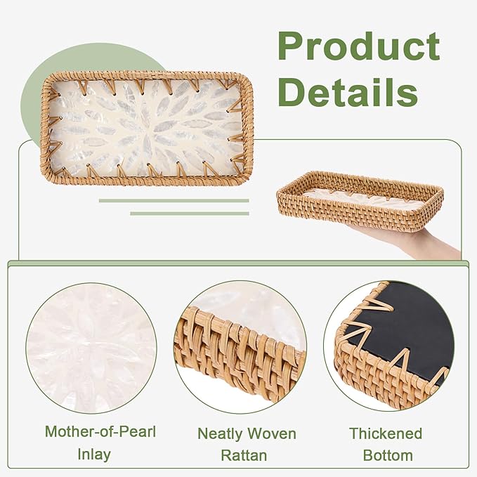 Decorative Key Basket for Entryway Small Handwoven Rattan Tray Rectangular Key Holder Tray Wicker Basket Organizer for Keys Remote Control Jewelry, White