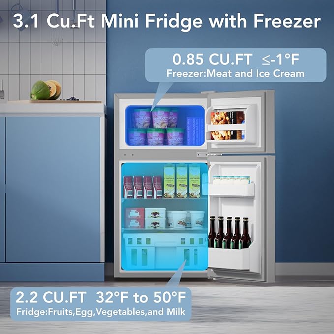 Electactic 3.1 Cu.Ft Small Fridge with Freezer, Compact Refrigerator with 2 Doors, Mini Fridge with Adjustable Removable Glass Shelves for Bedroom, Dorm, Office or Apartment,Grey