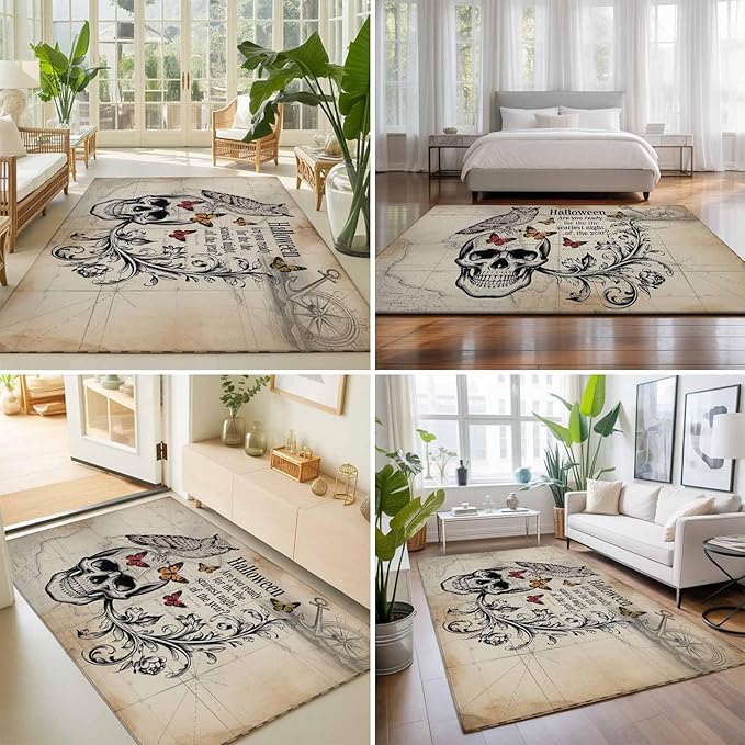 Area Rug 8x10ft, Halloween Skull Owls on Vintage Washable Rugs for Living Room Bedroom, Retro Butterflies Flower Soft Non-Slip Area Rugs Rectangle Floor Carpet for Dining Room