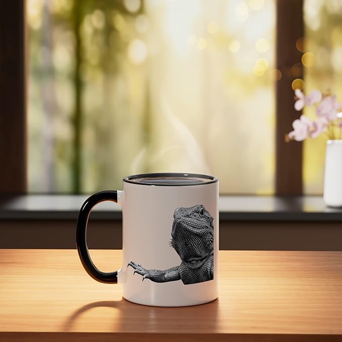 Bearded Dragon Alien Saucer Sci Fi Reptile Kids Ceramic Mug, Black/White