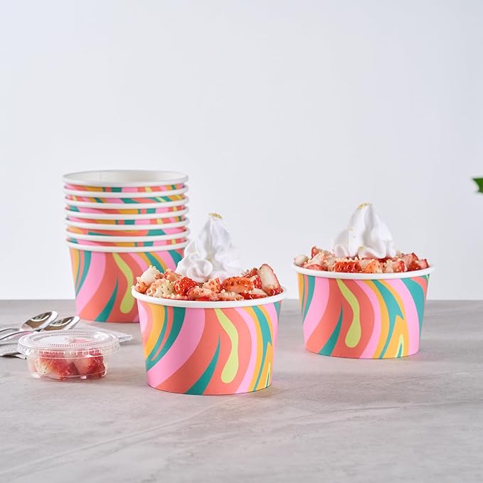 Coppetta 8 Ounce Dessert Cups, 50 Greaseproof Ice Cream Cups - Lids Sold Separately, For Hot And Cold Foods, Psychedelic Sunrise Paper Yogurt Bowls, Disposable, Sturdy - Restaurantware