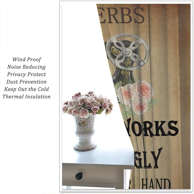 Sewing Machine Blackout Curtain,Vintage Rustic Sewing Theme Flower Rose Cloth Farbic Window Curtains for Bedroom Cafe Dining Room Office Living Room Kitchen Drapes, 55x63 in