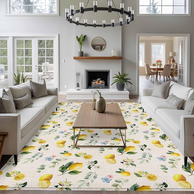 Area Rug 8x10ft, Country Lemon Flower Leaf Washable Rugs for Living Room Bedroom, Pastoral Fruit Plant Vintage Linen Soft Non-Slip Area Rugs Rectangle Floor Carpet for Dining Room