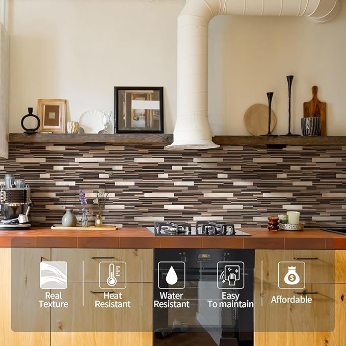Yipscazo 10 Sheets Peel and Stick Stone Metal Tile Backsplash, Stick on Tiles for Backsplash Kitchen, Bathroom, Laundry Room, Camper, Fireplace (12'' X 12'', Brown Wood)