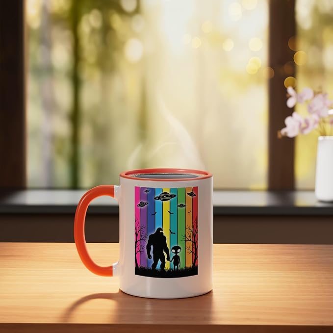 Bigfoot Holding Hands With Alien Ufo Rainbow Sci Fi Ceramic Mug, Orange/White