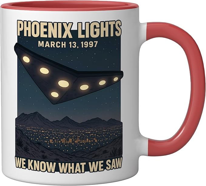 Phoenix Lights UFO V Shaped Flying Saucer Alien Ceramic Mug, Red/White