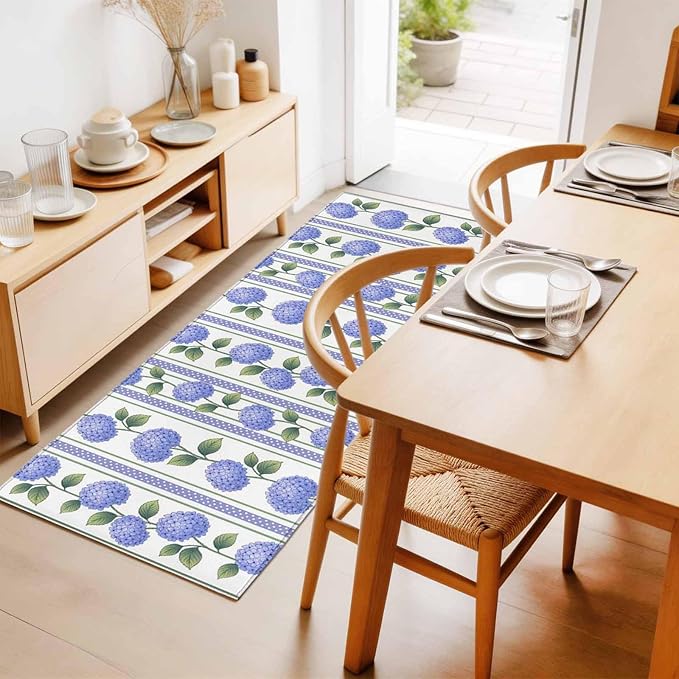 Runner Rug for Bedroom Hallway, Garden Purple Hydrangea Flower Kitchen Runner Rugs Area Rug 2x6ft, Watercolor Floral Leaves Washable Soft Floor Carpet for Entryway Stair