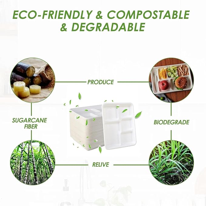 100 Pack - 100% Non Plastics 5 Compartment Paper Plates, Disposable School Lunch Trays, Eco-Friendly Bagasse Plates for School Lunch, Buffet, and Party