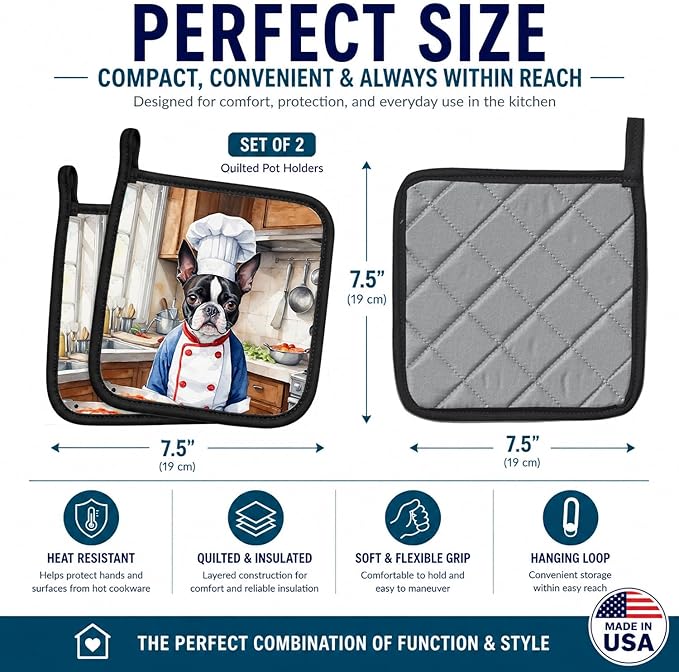 Caroline's Treasures Boston Terrier The Chef Pair of Pot Holders Kitchen Heat Resistant Pot Holders Sets Oven Hot Pads for Cooking Baking BBQ, 7 1/2 x 7 1/2