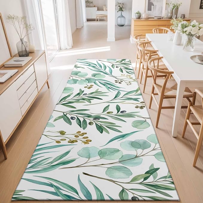 Runner Rug for Bedroom Hallway, Watercolor Eucalyptus Leaves Kitchen Runner Rugs Area Rug 2x6ft, Spring Green Foliage Branch Washable Soft Floor Carpet for Entryway Stair