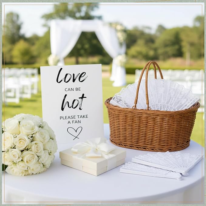 AceOrbit Wedding Fans Storage Basket with Handle " Love Can Be Hot Please Take a Fan" Table Sign Handwoven Natural Wicker Rattan Storage Basket for Organizing Bridal Shower Wedding Fans for Guests
