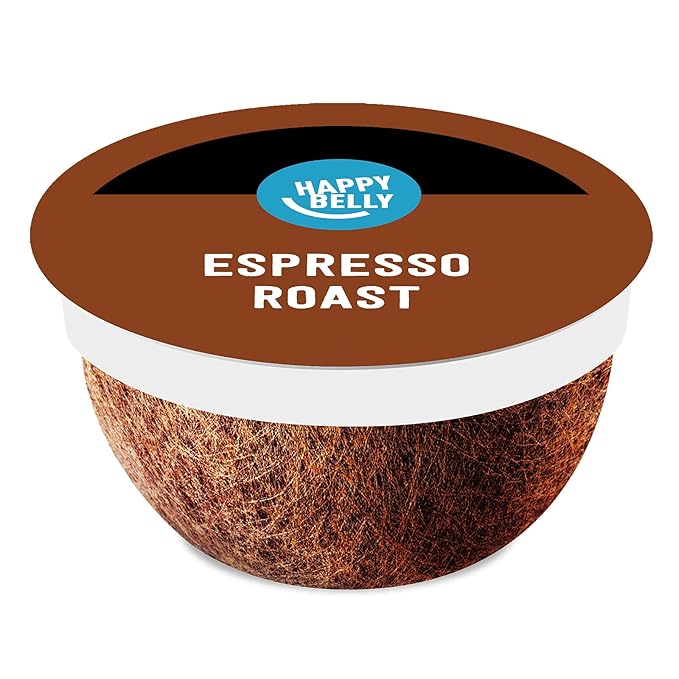 Amazon Brand - Happy Belly Espresso Roast Compostable Coffee Pods (Dark Roast), Compatible with K-Cup Brewer, 96 Count