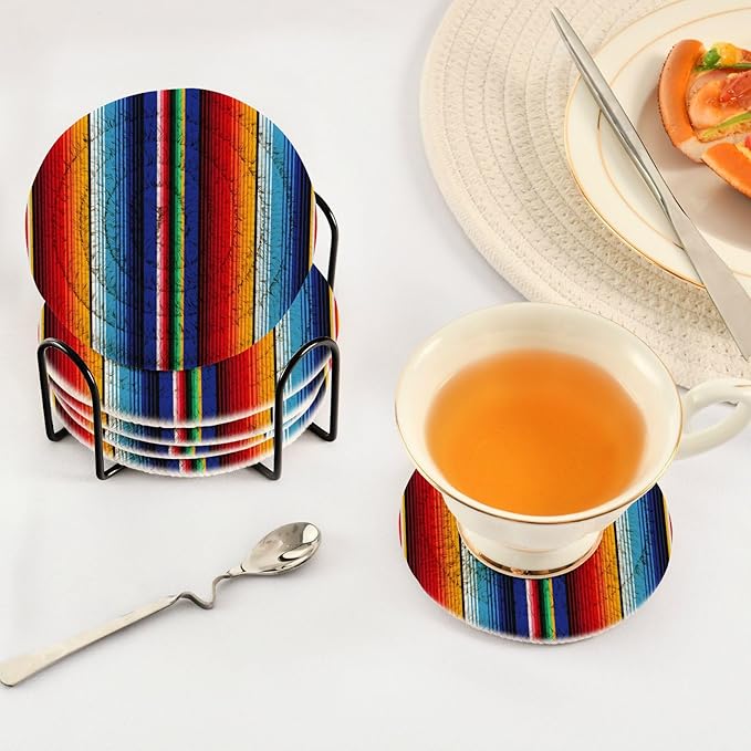 YETTASBIN Mexican Blanket Stripes 6 Pcs Drink Coasters with Holder, Cotton Woven Absorbent Heat-Resistant Round Coaster Non-Slip Table Mat for Kitchen Bar Home Decor Housewarming Gift, 3.9 in