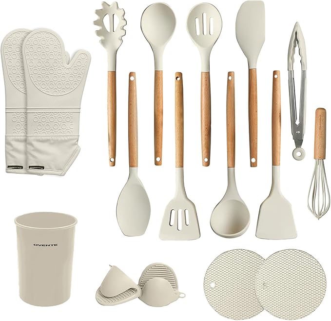 OVENTE Silicone Cooking Utensils Set, 17pcs Heat Resistant Kitchen Tools and Gadgets for Nonstick Cookware, BPA Free Spatula Set with Wooden Handle, Cup Holder, Oven Gloves and Hot Pads, Cream SPS17CR