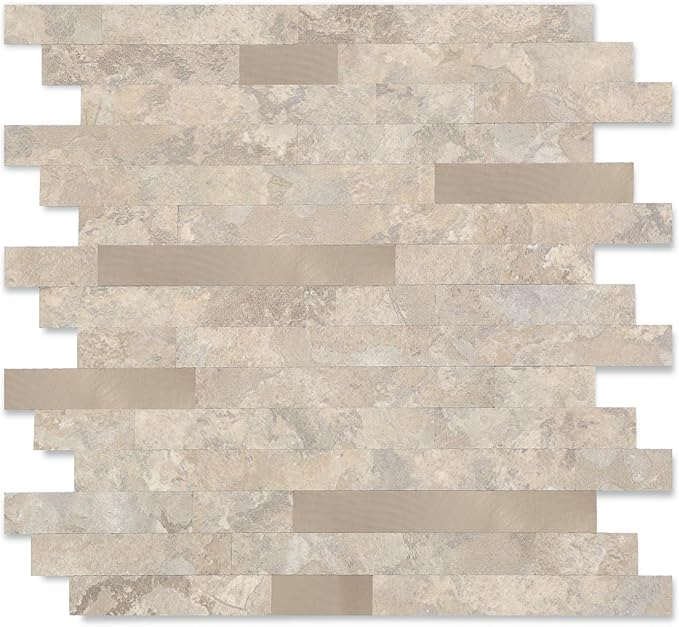 Yipscazo 10 Sheets Peel and Stick Stone Metal Tile Backsplash, Stick on Tiles for Backsplash Kitchen, Bathroom, Laundry Room, Camper, Fireplace (12'' X 12'', Beige Stone with Gold Metal)