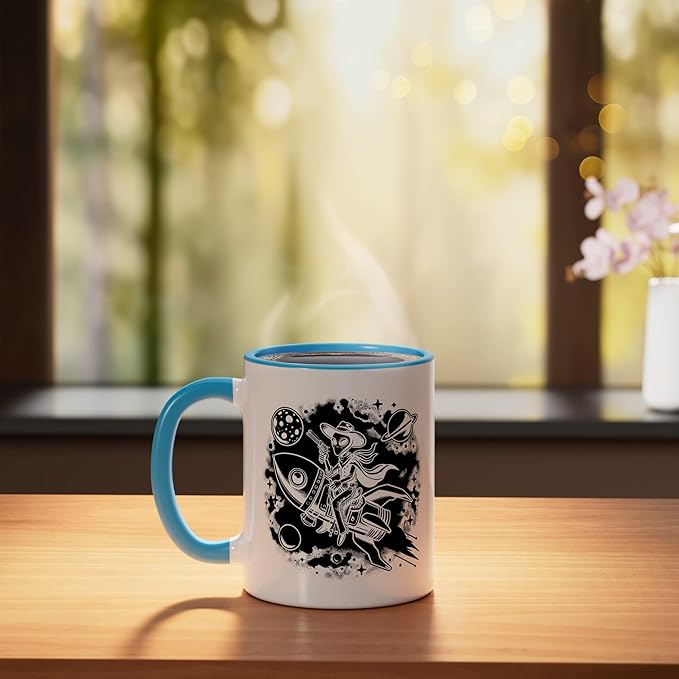 Alien Lover Flying Saucer UFO Extraterrestrial Cowboy Ceramic Mug, Blue/White