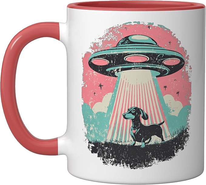 Retro UFO Dachshund Dog Alien Beam Vintage Sci Fi Pooch Ceramic Mug, Red/White