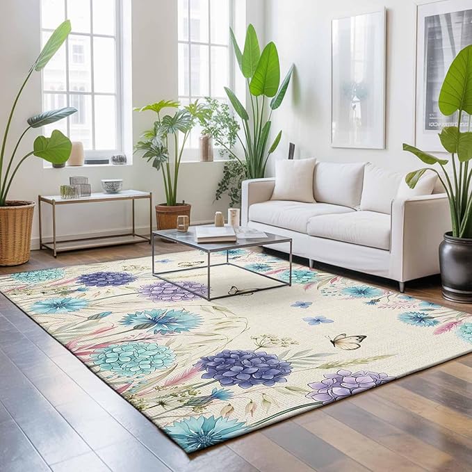 Area Rug 4x6ft, Farm Blossom Floral Hydrangea Washable Rugs for Living Room Bedroom, Watercolor Butterfly on Linen Soft Non-Slip Area Rugs Rectangle Floor Carpet for Dining Room
