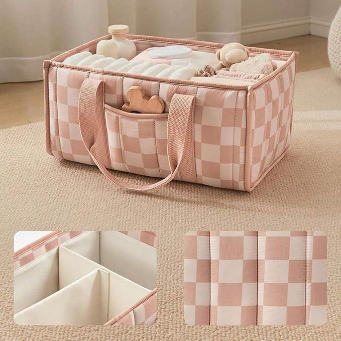 Quilted Fabric Storage Basket Floral Baby Diaper Caddy Quilted Basket for Nursery Bedroom Car Storage (L- Pink Plaid)