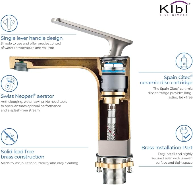 KIBI Infinity Single Handle Bathroom Vanity Sink Faucet | Solid Brass Lavatory Faucet with High Arc Spout for Smooth Water Flow | Includes Water Hose for Easy Installation (Brushed Nickel, KBF1006)