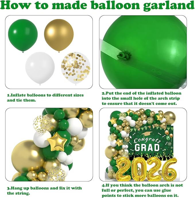 Graduation Decorations Class Of 2026: Green and Gold 2026 Graduation Decorations Balloon Arch Kit Congrats Grad Backdrop 136PCS Party Supplies for High School & College Celebrations