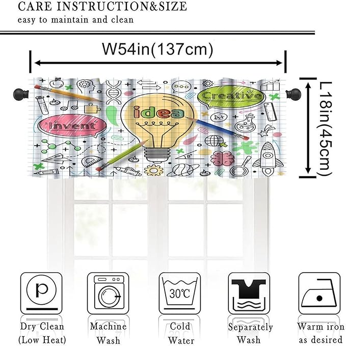 Science Valance Curtain, School Study Creative Idea Innovation Education Short Window Treatment for Kitchen Bathroom Living Room School, 54x18Inch